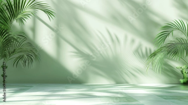 Fototapeta Minimal abstract background for product presentation, light green color with shadow from palm leaves on the wall, blurred floor and shadow of plants in foreground