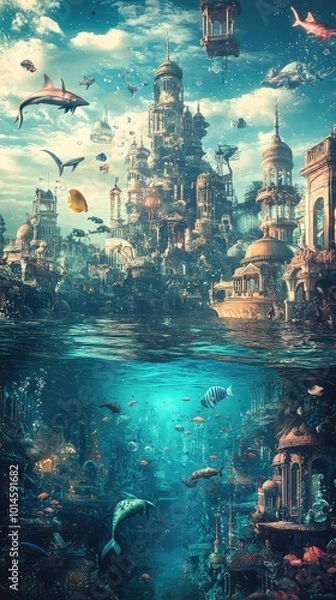 Fototapeta A mesmerizing underwater kingdom filled with vibrant marine life, showcasing magnificent architecture and a serene aquatic atmosphere.