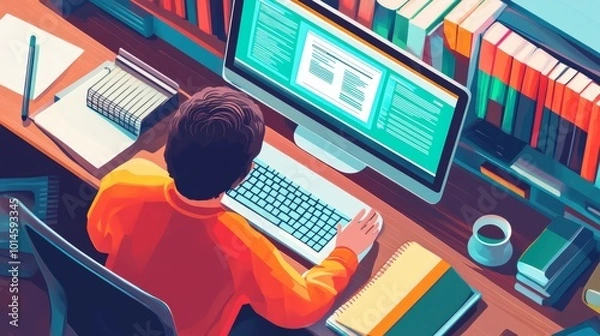 Fototapeta A focused student studies using digital textbooks on a computer, highlighting the shift to online education.