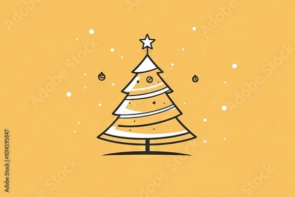 Fototapeta Simple and elegant Christmas tree illustration with ornaments and snowflakes on a yellow background, perfect for holiday-themed designs.