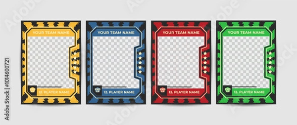 Fototapeta Set of trading frames for game sports card template, Four sports card templates for customization with team and player names
