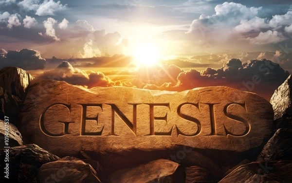 Fototapeta An epic cinematic presentation of the Bible with the name Genesis carved into ancient stone, illuminated by a radiant sunrise breaking through the clouds.