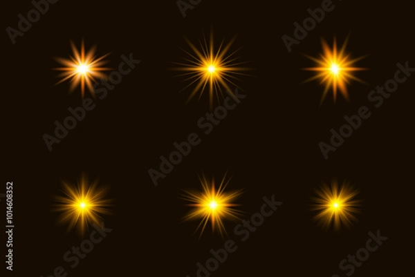 Fototapeta Orange and yellow glowing light stars explodes. Sparkling dust yellow particles. Shining sun light flare, shine effect, sparkle star, glow shine, glare