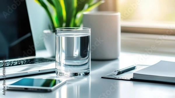 Obraz A glass of water next to a laptop on a desk, with a phone and notebook nearby, suggesting productivity and hydration.