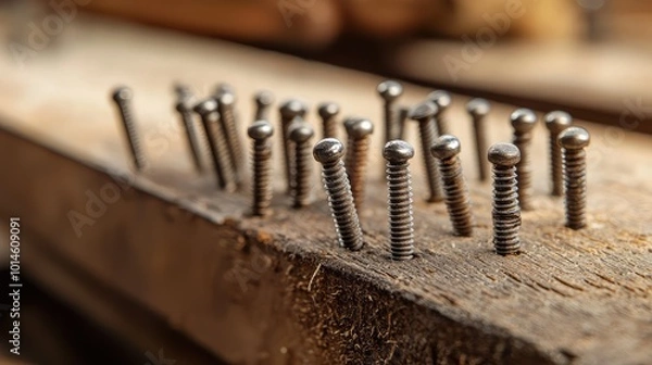 Fototapeta Close-up of metallic screws embedded in a wooden surface, showcasing their unique textures and details.