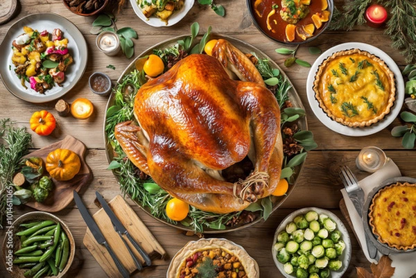 Obraz A beautifully roasted Thanksgiving turkey is the centerpiece of a festive dinner table.