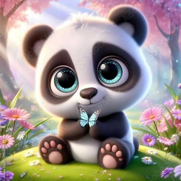 Fototapeta A fluffy baby panda sitting on a soft patch of grass, surrounded by beautiful flowers, curiously holding a butterfly, soft rays of sunlight, cartoon style
