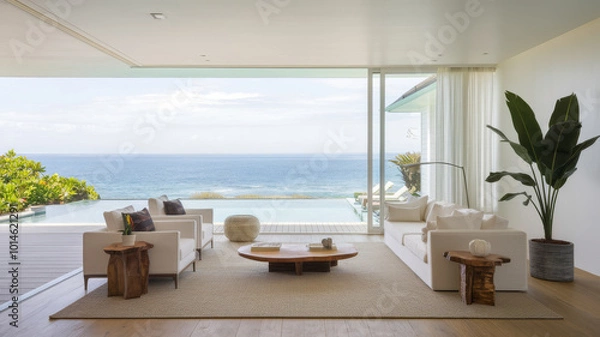 Obraz An elegant living room with large windows overlooking a pool and a breathtaking ocean view, decorated with plants and modern furniture.