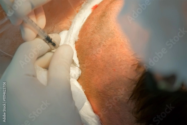 Fototapeta Surgeon in latex gloves making injection of local anesthesia into head of bald patient during hair transplantation procedure. Problem of baldness, treatment of alopecia by hair transplantation.