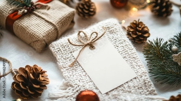 Fototapeta Christmas gift tag mockup with present box, product label mockup, with natural fir tree branch, cones and Christmas decoration, Christmas sale concept, ai generated