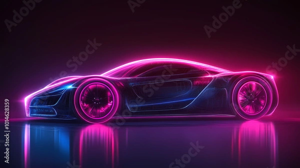 Fototapeta Vector illustration of an abstract futuristic neon-glowing concept car silhouette.