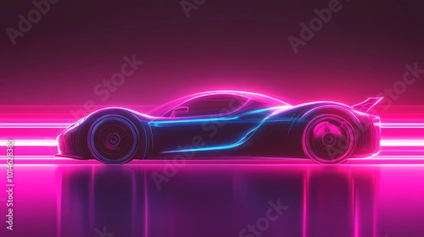 Fototapeta Vector illustration of an abstract futuristic neon-glowing concept car silhouette.