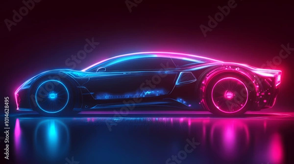 Fototapeta Vector illustration of an abstract futuristic neon-glowing concept car silhouette.