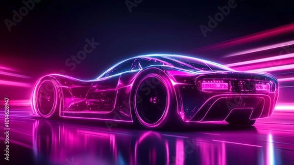 Fototapeta Vector illustration of an abstract futuristic neon-glowing concept car silhouette.