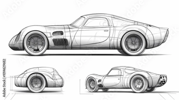 Fototapeta car thin line drawing different view set
