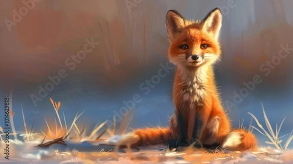Fototapeta A charming digital painting of a young fox sitting in a tranquil natural environment, featuring warm tones and soft lighting.