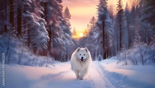 Fototapeta dog in winter, A small white dog sits on the snowy ground, enjoying the winter scene