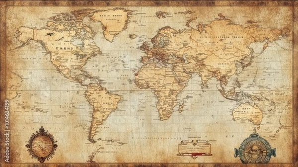 Obraz A vintage world map with old ornaments and display settings, symbolizing travel or adventure