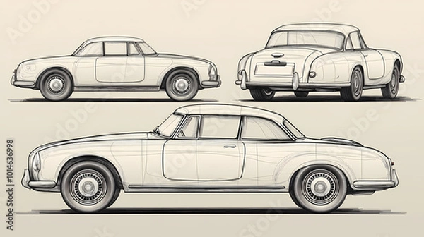 Fototapeta Retro sport car. Hand drawn car front back top and side view. Vector illustration