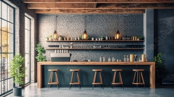 Fototapeta A contemporary cafe space with wooden bar stools, modern counter design, and a rustic touch with wooden beams across the ceiling.