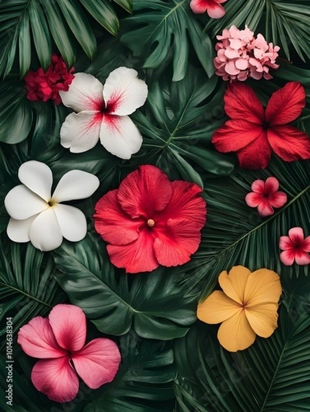 Fototapeta Tropical palm leaves adorned with a delicate layer of snow framing a cluster of vibrant colorful flowers against a serene natural backdrop