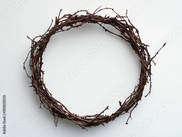 Fototapeta A wreath made of branches and twigs, rustic style home decor flat lay top view