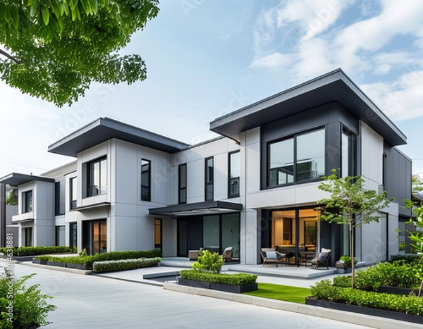 Fototapeta A modern duplex with a sleek design, featuring light gray siding, large windows, and a flat roof.
