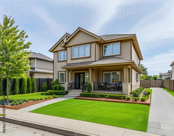 Fototapeta A two-story duplex with light brown siding and a sloped roof, featuring an attached garage for each unit and a spacious backyard.