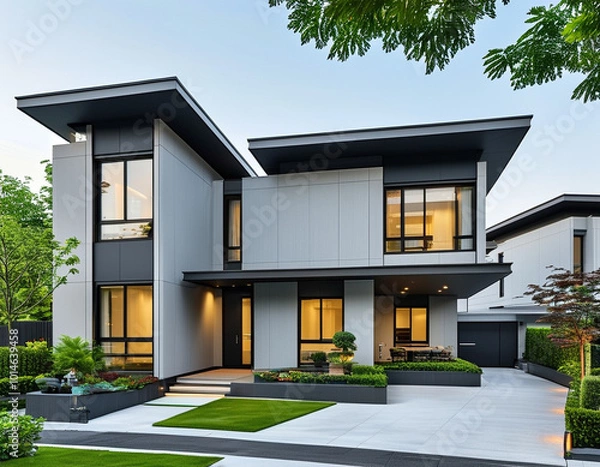 Fototapeta A modern duplex with a simple, sleek exterior design, featuring clean lines and neutral tones of gray and white.