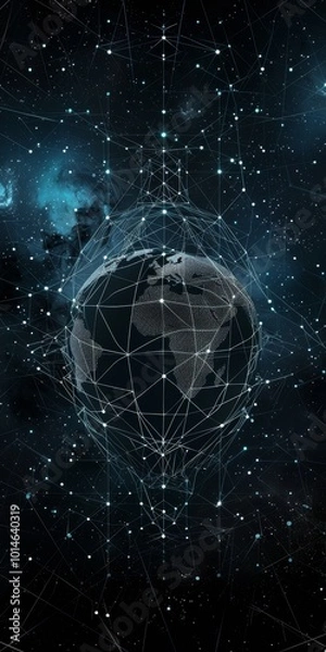 Fototapeta A digital representation of Earth with network connections in outer space, symbolizing global communication, technology, and data exchange.