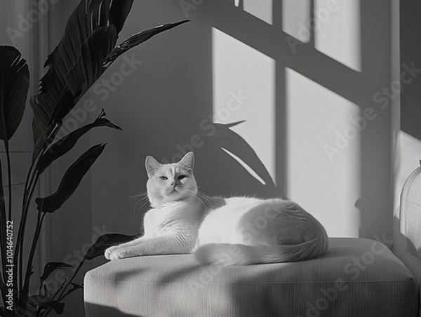 Fototapeta White cat relaxing in the sun