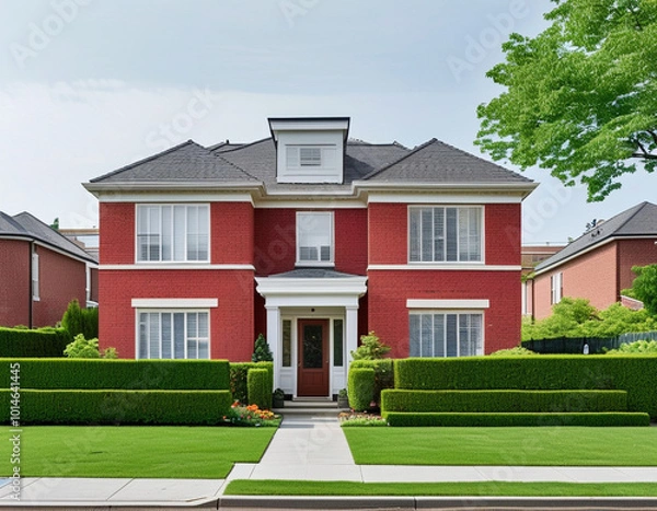 Fototapeta A well-maintained suburban duplex with a classic red brick exterior and a shared central driveway.