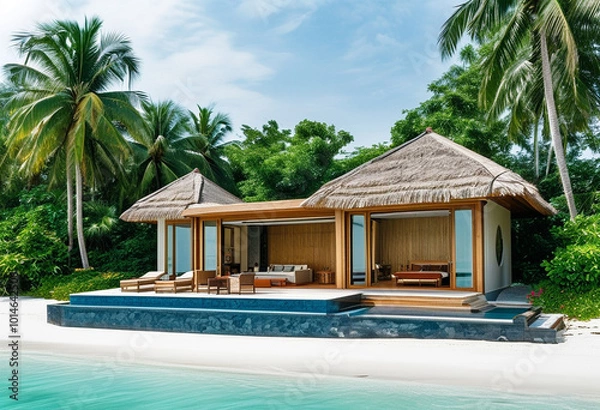 Fototapeta A luxurious tropical beachfront villa with direct access to a private white sand beach and turquoise waters. 