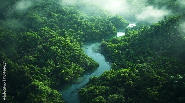 Fototapeta Aerial view of the Amazon River winding through lush rainforest, showcasing vibrant greens and a misty atmosphere.
