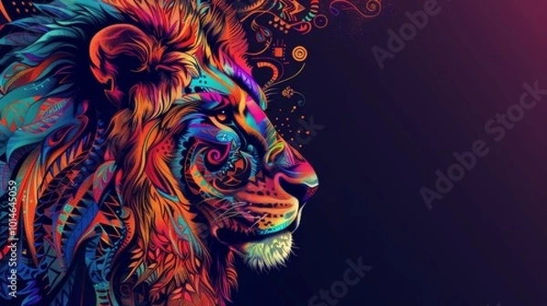 Fototapeta Lion head with vibrant tribal patterns in copy space.