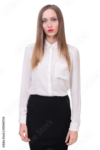 Fototapeta Closeup portrait of sad and depressed woman isolated on white