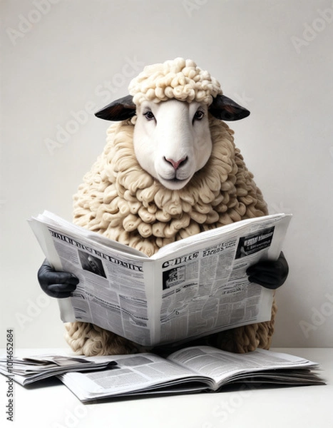 Obraz A sheep reading the newspaper while sitting at a table, creating a whimsical scene of everyday life