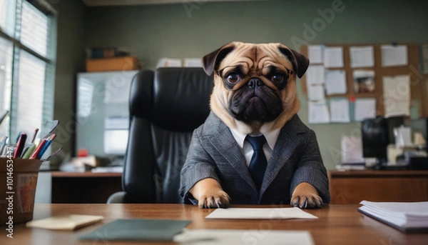 Obraz A pug in a suit sitting at a desk in an office, looking serious as if ready for a business meeting