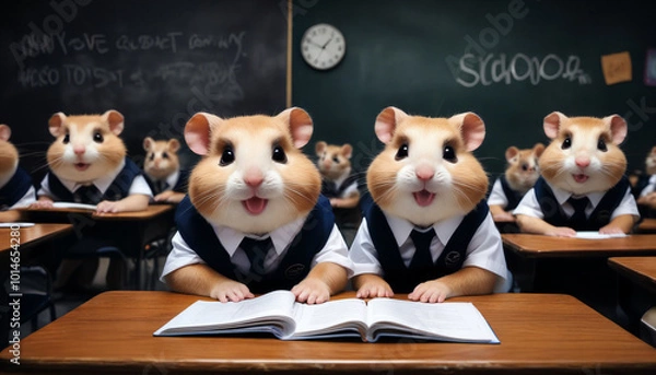 Fototapeta A classroom full of hamsters dressed in uniforms studying a textbook during a whimsical lesson on a bright afternoon