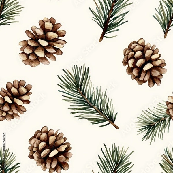 Fototapeta Minimalist watercolor pine branches and pinecones, soft green and brown tones, seamless pattern, airy design, Christmas tile 