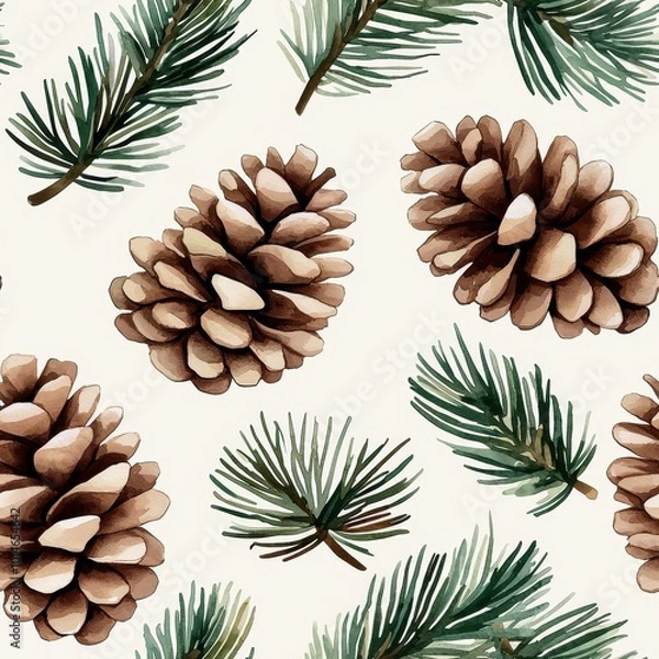 Fototapeta Minimalist watercolor pine branches and pinecones, soft green and brown tones, seamless pattern, airy design, Christmas tile 