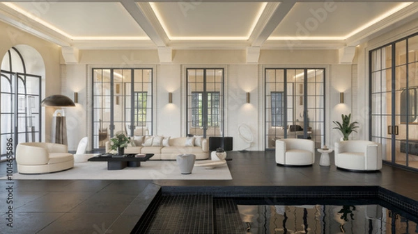 Obraz high end luxury and very elegant white mansion, look into the livingroom, cream, white, black