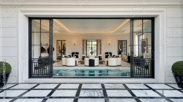 Obraz high end luxury and very elegant white mansion, look into the livingroom, cream, white, black