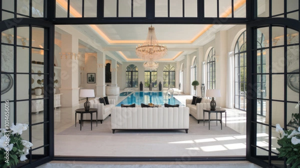 Obraz high end luxury and very elegant white mansion, look into the livingroom, cream, white, black