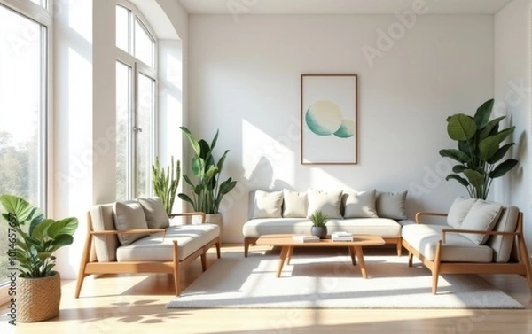 Fototapeta A cozy, bright living room with minimalist furniture, soft sofa, indoor plants, and a large window offering a view of nature.