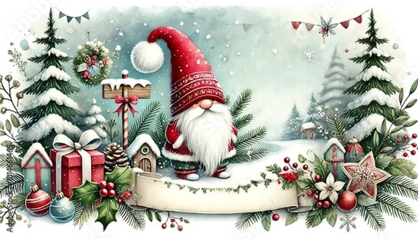 Fototapeta A Christmas banner featuring a festive gnome. The gnome has a long white beard, wearing a red or green pointed hat.