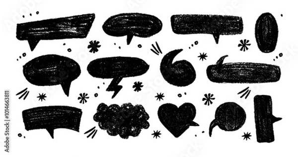 Fototapeta Chalk pencil speech bubbles doodle set. Crayon communication frame, comic talk balloon in sketch style, Grunge texture. Hand drawn vector illustration isolated on white background