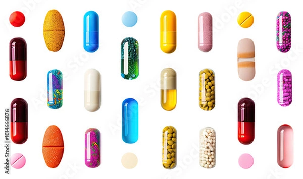 Fototapeta Different colored medicine and types of pills on Transparent Background AI Generative