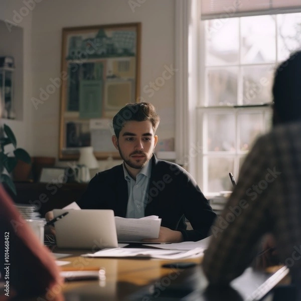 Fototapeta A thoughtful meeting scene, where a young professional attentively engages with documents and colleagues in a sunlit office room.