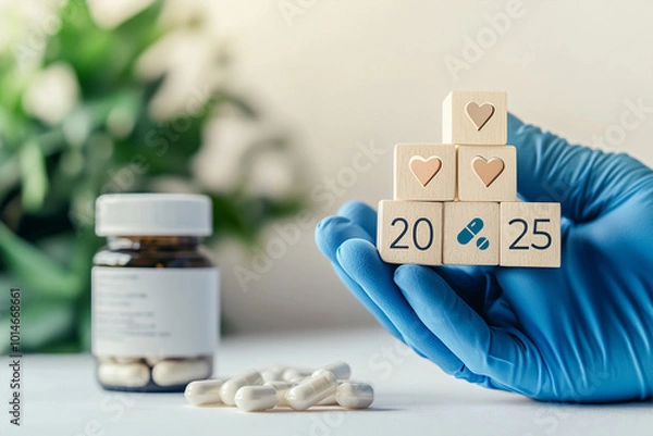 Fototapeta hand in a blue medical glove changing a wooden block medical Happy New Year 2025 Concept